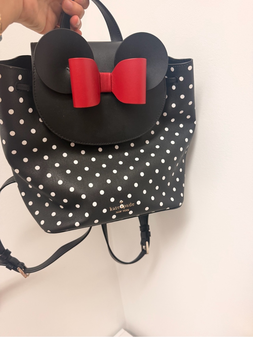 Kate Spade Disney Minnie Mouse Backpack Black White Polka Dot Red Bow NWOT